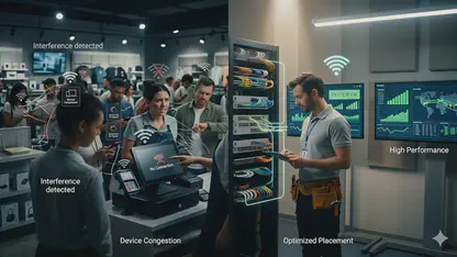 Hình ảnh kỹ sư kiểm tra hệ thống để tìm ra vấn đề wifi cửa hàng hay rớt mạng
